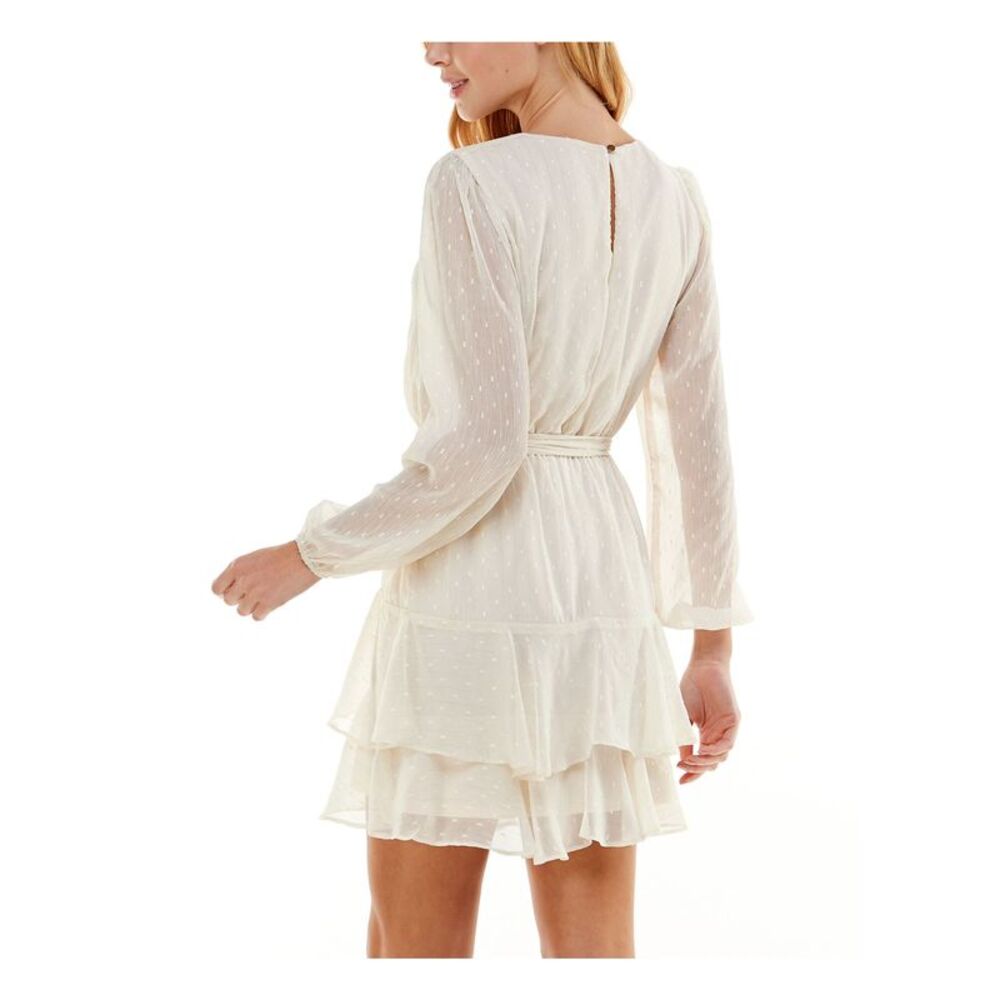 CITY STUDIO Womens Short Dress Beige Long Sleeve Belted Ruffle Hem Juniors L - Picture 2 of 4